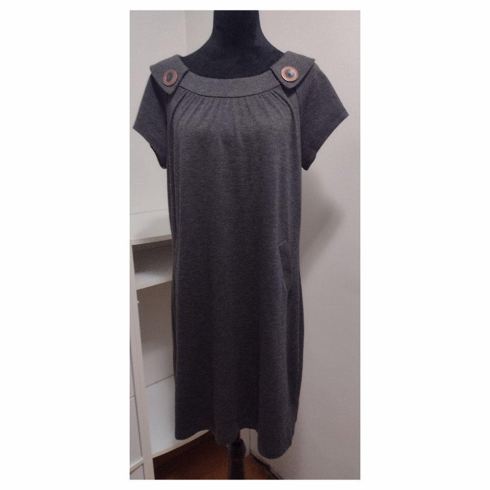Classic French Style Charcol Gray Shift Dress with Button Detail Front Pockets